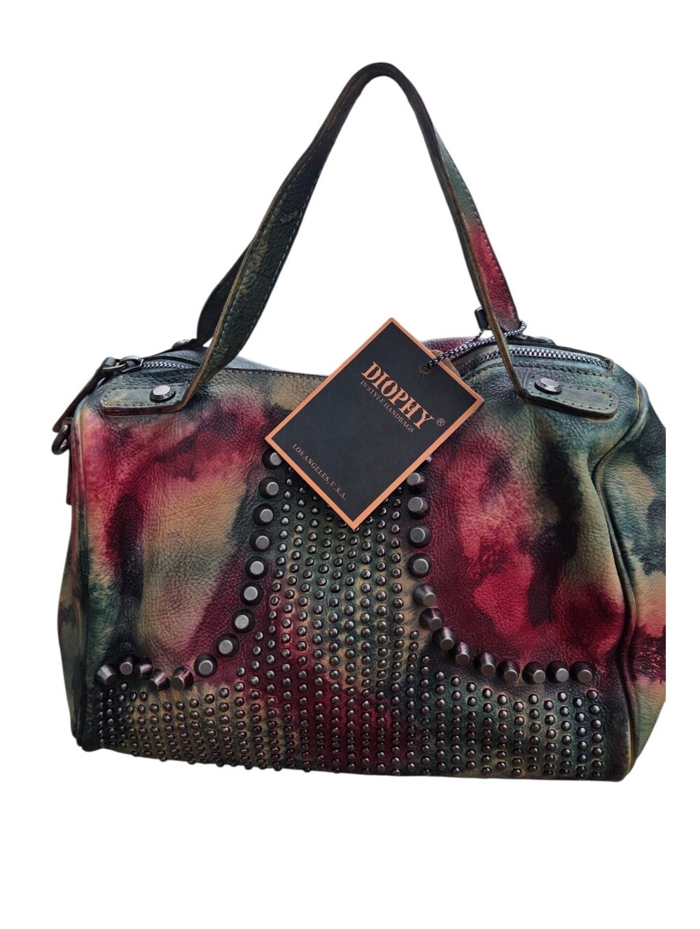 Diophy NEW Boho Studded Tie Dye Leather Satchel Shoulder Bag Festival Chic Rock